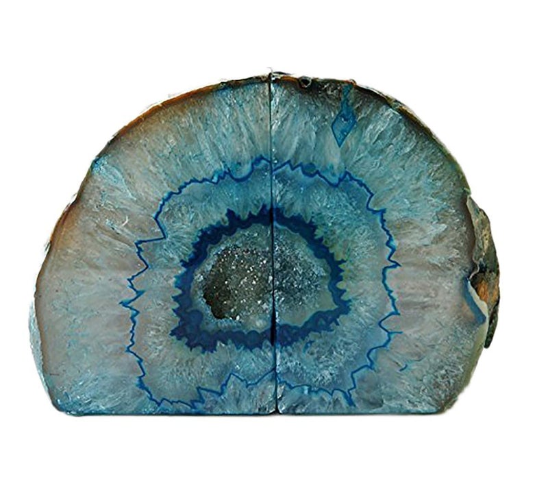 AMOYSTONE Geode Bookends Heavy Duty Agate Large Stone Bookend Decorative Crystal Quartz Book Ends Dyed Teal with Rubber Bumpers(1 Pair, 6-8 LBS) - Image 2